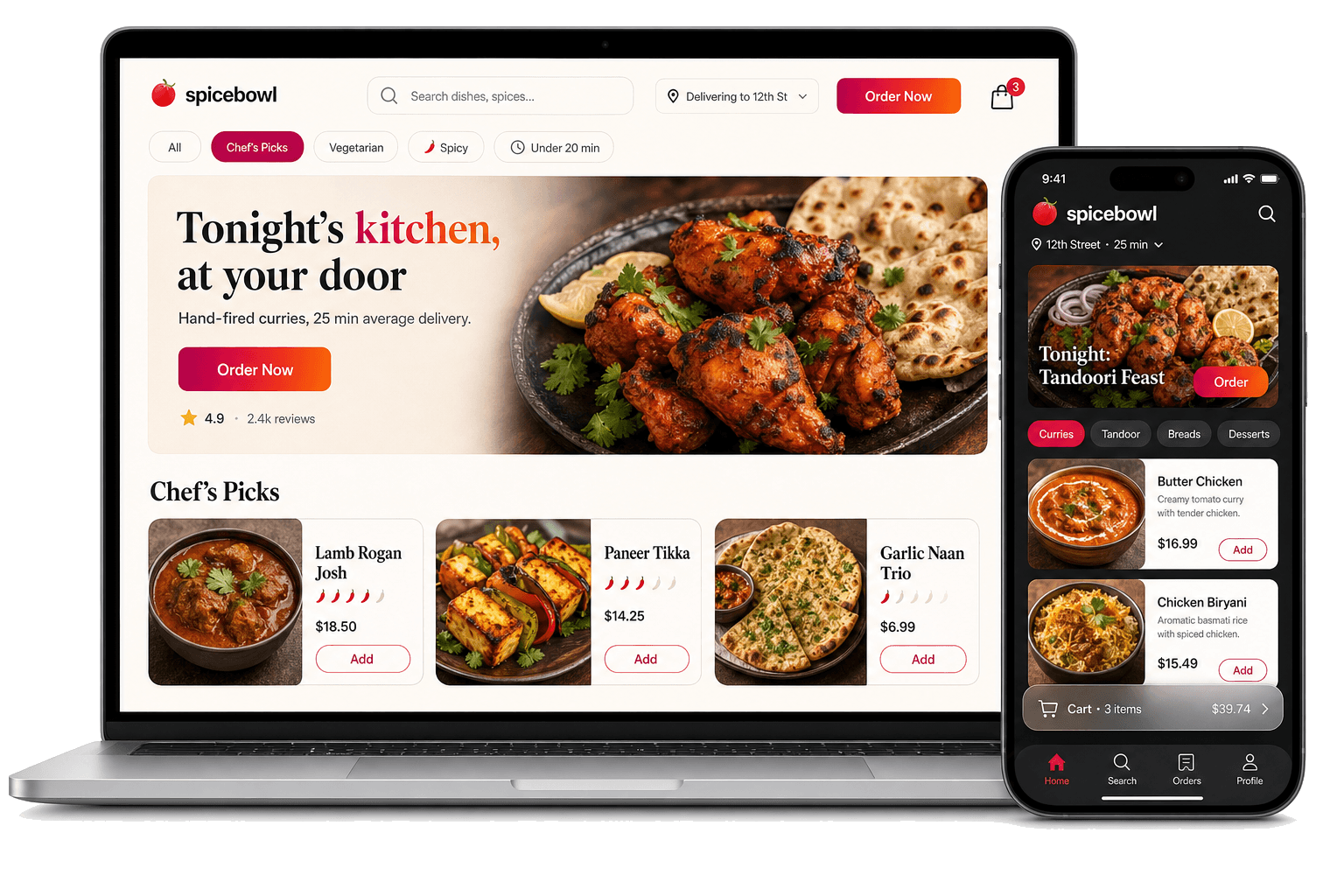 Restaurant online ordering on laptop and phone
