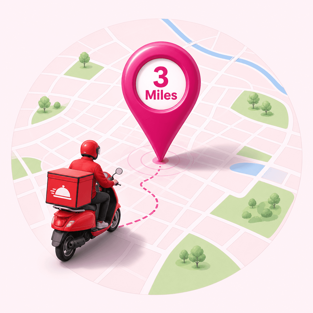 Restaurant delivery map with a 3 mile radius